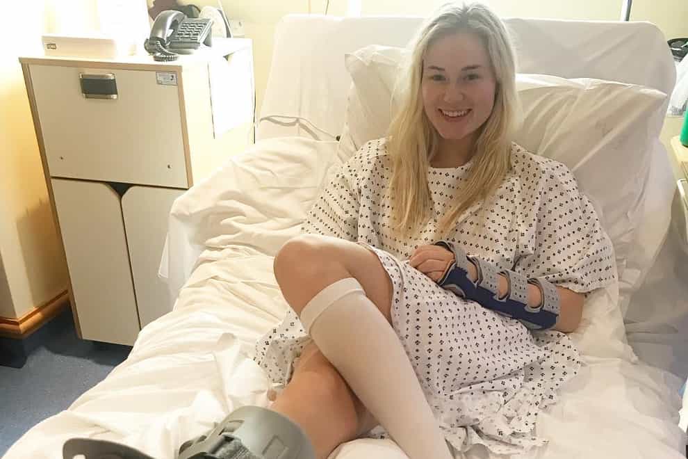 Katie Ormerod with her broken wrist and ankle has undergone multiple surgery (Katie Ormerod on Instagram)