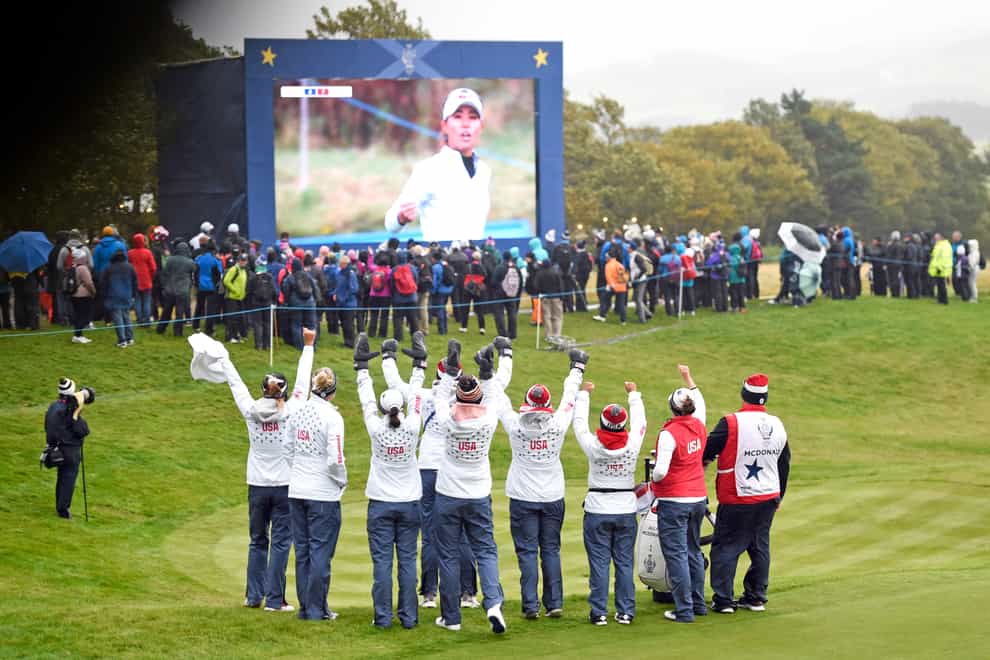 Team USA celebrate after Danielle Kang's birdie on the 17th in the final fourballs match (PA Images)