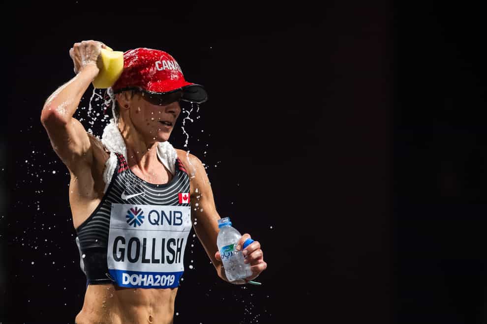 Sasha Gollish of Canada attempts to cool down in the Doha heat (PA Images)