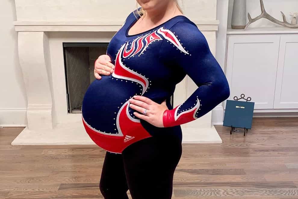 Bit tight: Pregnant Johnson in her leotard from the 2008 Olympics (Shawn Johnson Instagram)