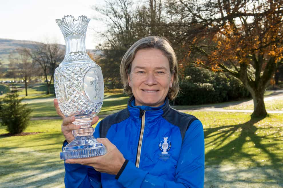 Catriona Matthew with the Solheim Cup outside the Gleneagles Hotel (PA Images)