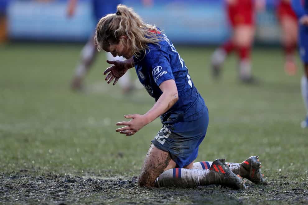 Erin Cuthbert caked in mud during Chelsea's match against Liverpool at Prenton Park (PA Images)