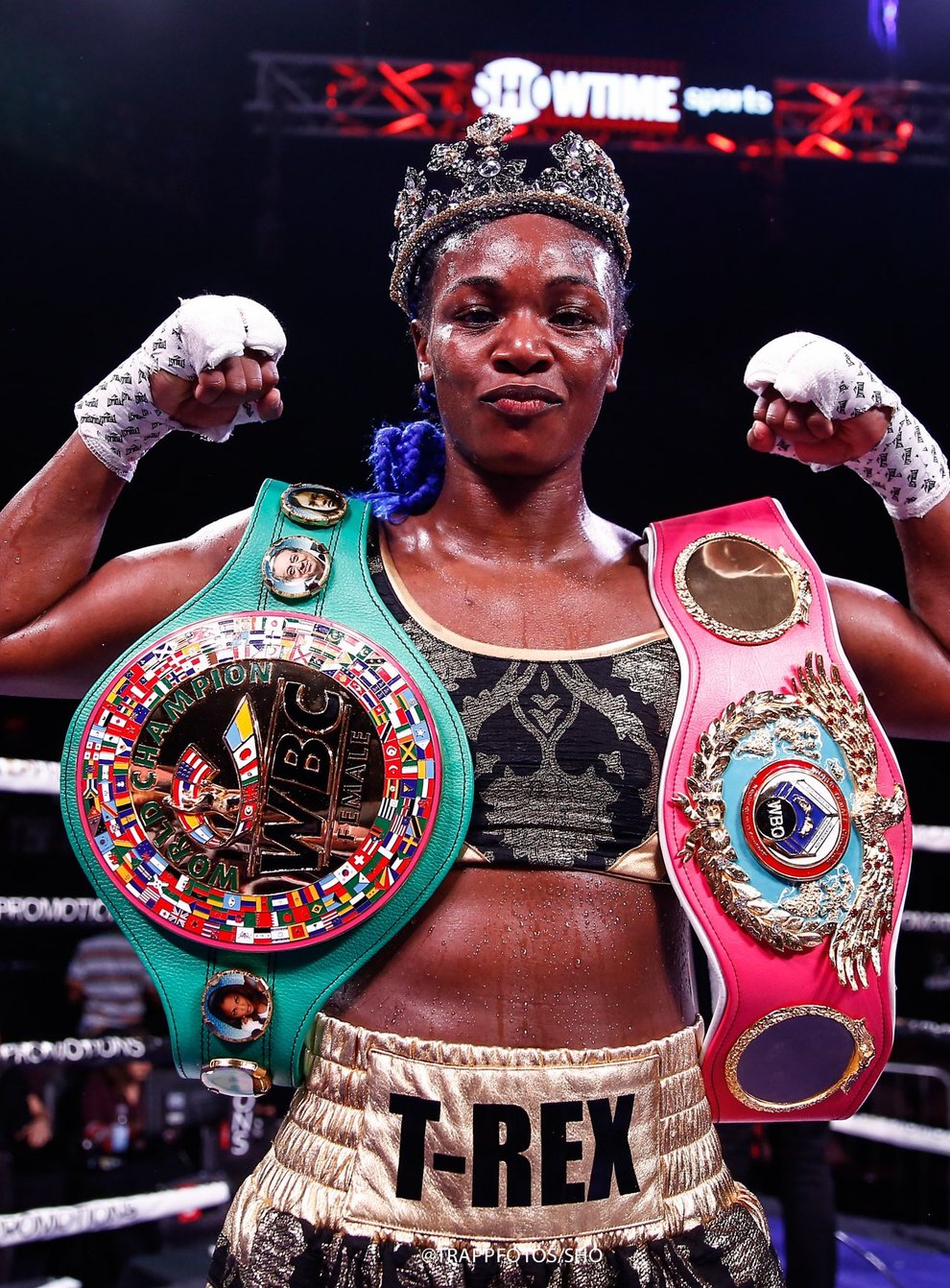 Shields made history when she beat Ivana Habazin to win a world title in a third weight division (Twitter: @boxnationtv)