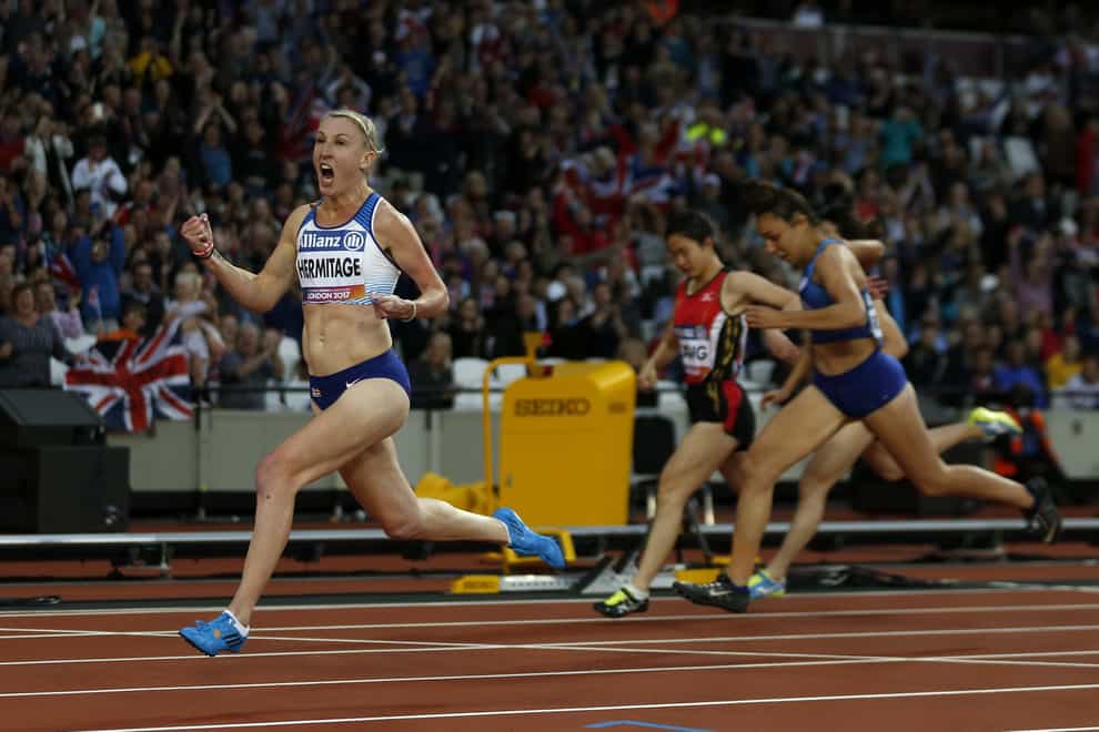 Hermitage celebrates her gold medal in the T37 100m in London (PA Images)