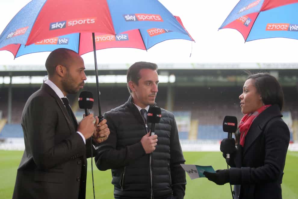 Scott working as a pundit alongside Gary Neville (centre) and Thierry Henry (left) (PA Images)