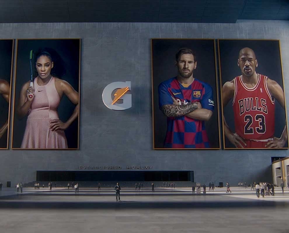 Williams appears with other sporting legends Usain Bolt, Lionel Messi and Michael Jordan in the energy drink commercial (Gatorade) 
