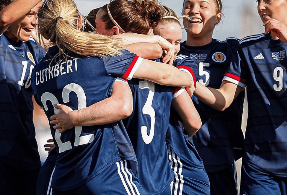 The Scottish side celebrate Grant's first international goal (Instagram: @scotlandnationalteam)