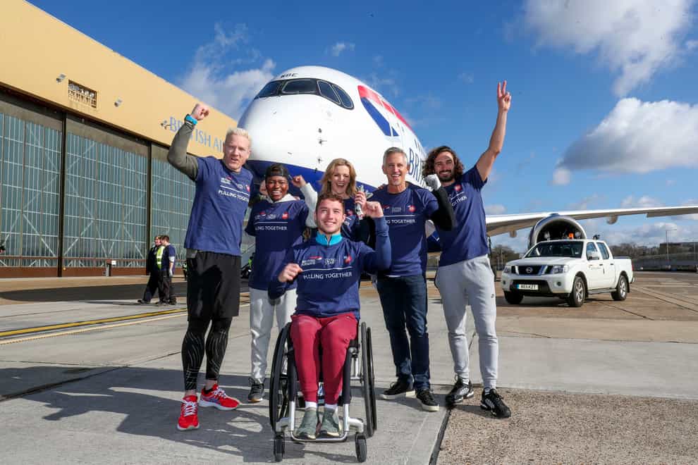  Iwan Thomas, Nicola Adams, Gabby Logan, Gary Lineker and Joe Wicks with Alfie Hewett (front), after taking part in an attempt to break the Guinness World Record for the heaviest 100m A350 plane pull during a Sport Relief event at Heathrow Airport (PA Images)