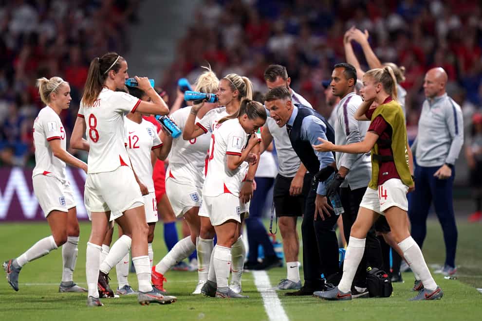 Neville with the players during the FIFA Women's World Cup semi final match at the Stade de Lyon (PA Images)