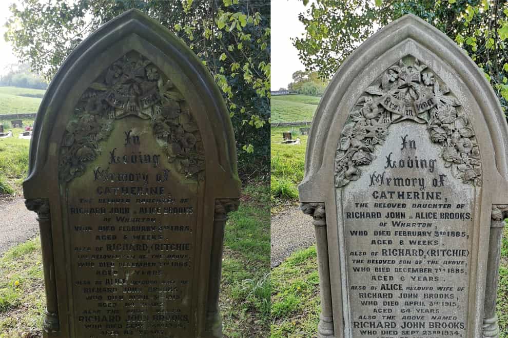 A gravestone before and after being cleaned up