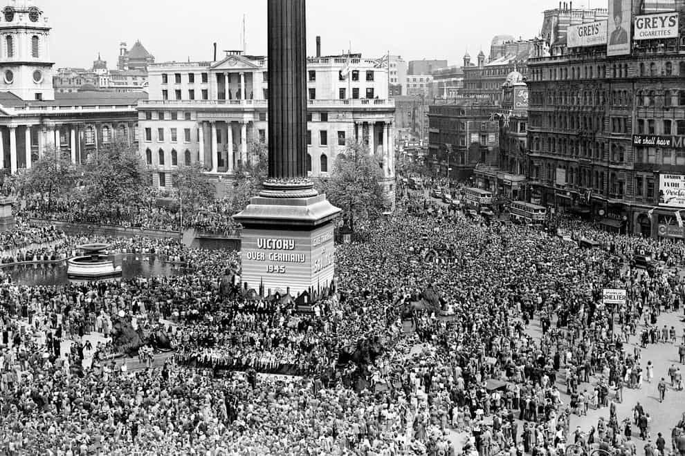 Huge crowds at Trafalgar Square celebrate VE Day in London on May 8 1945 (PA Images)