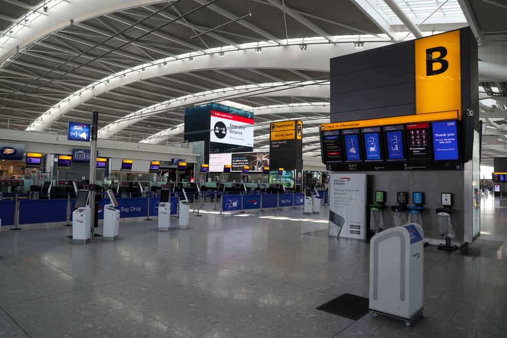The number of passengers travelling through Heathrow last month was down by around 97% compared with April 2019, the airport has announced (Steve Parsons/PA)