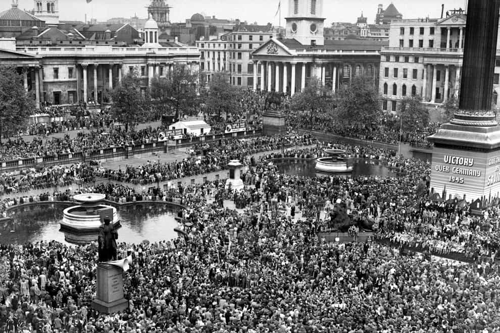 Crowds in Trafalgar Square celebrate VE Day on May 8 1945 (PA Images)