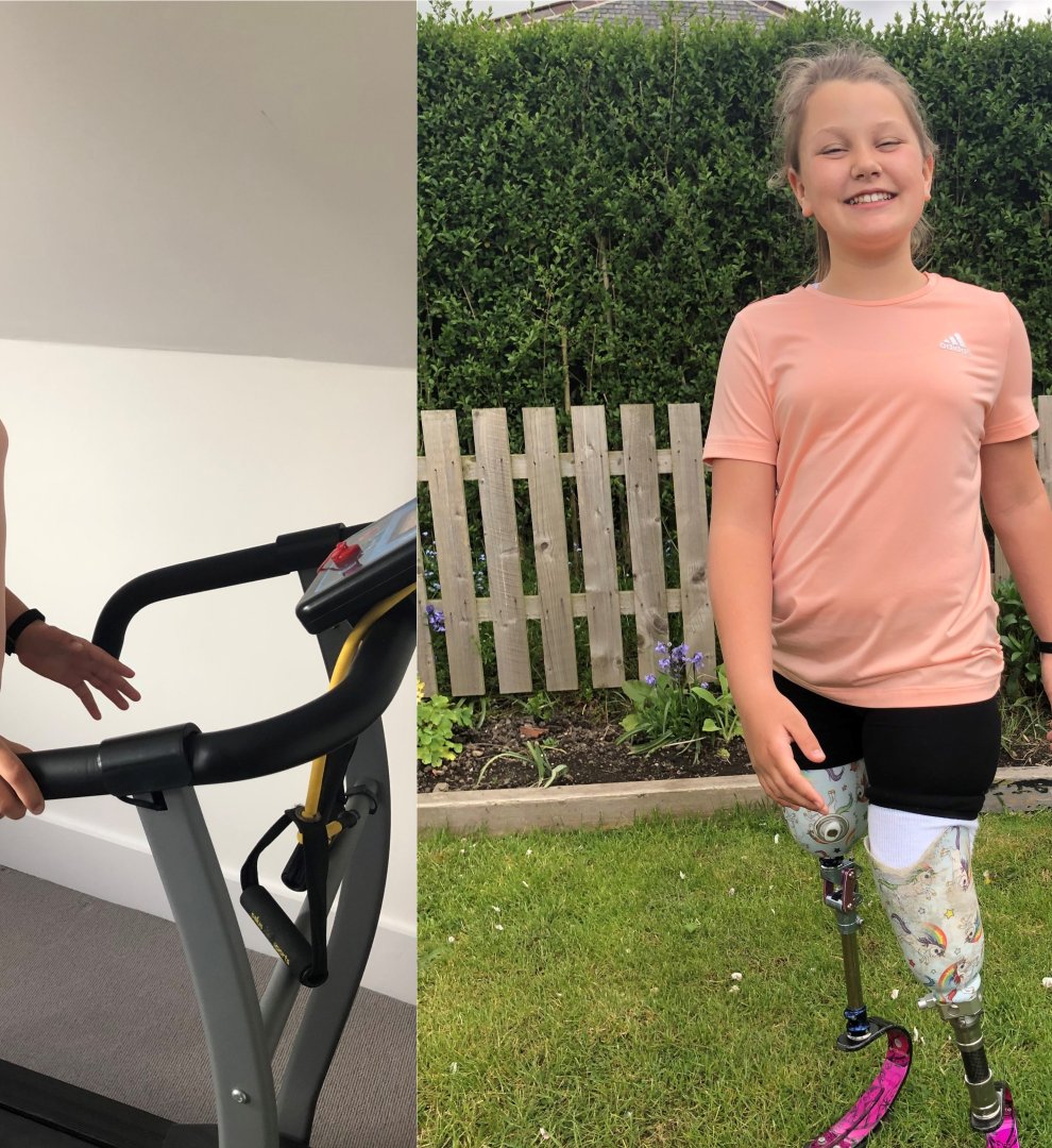 Maisie Catt, who lost both her legs when she was a baby, has walked a marathon distance at home to raise money for charity