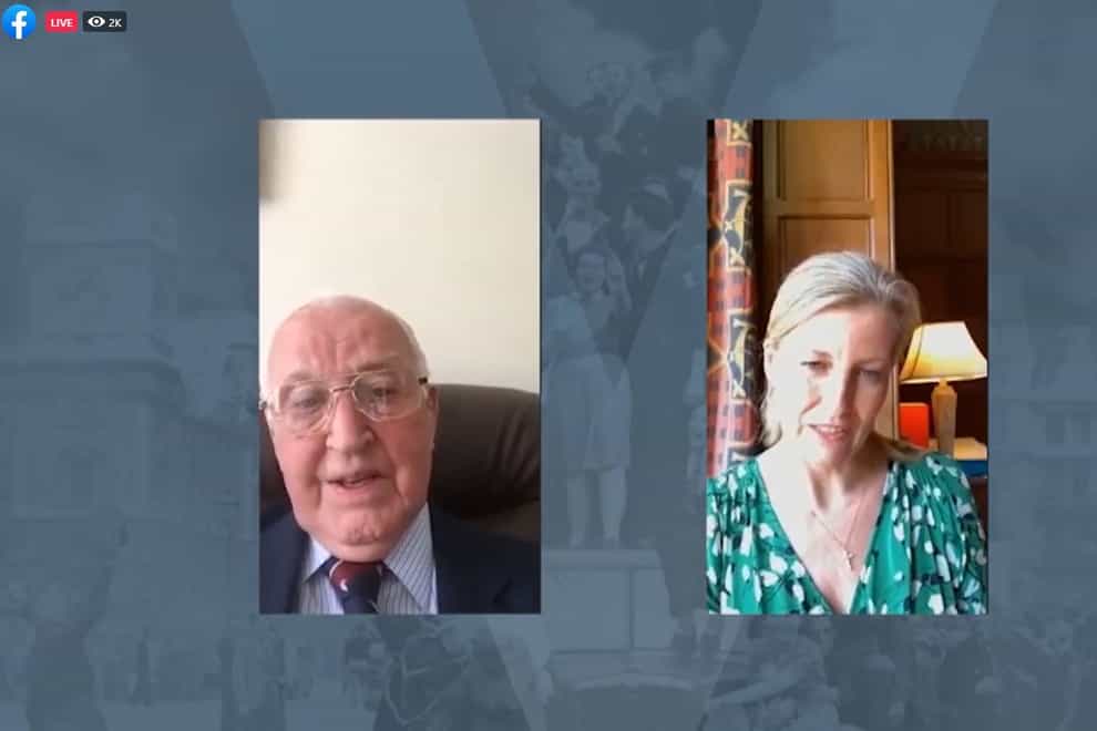 The Countess of Wessex talking via video call to RAF veteran Louis Goodwin as part of celebrations marking the 75th anniversary of VE Day