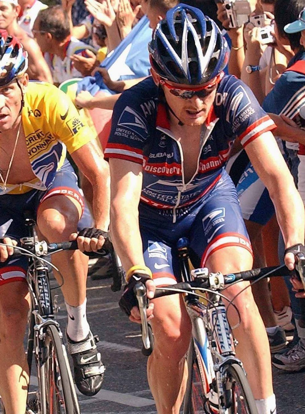 Landis (right) rode as a team-mate of Armstrong's (centre) during his time at the US Postal Service team (PA Images)