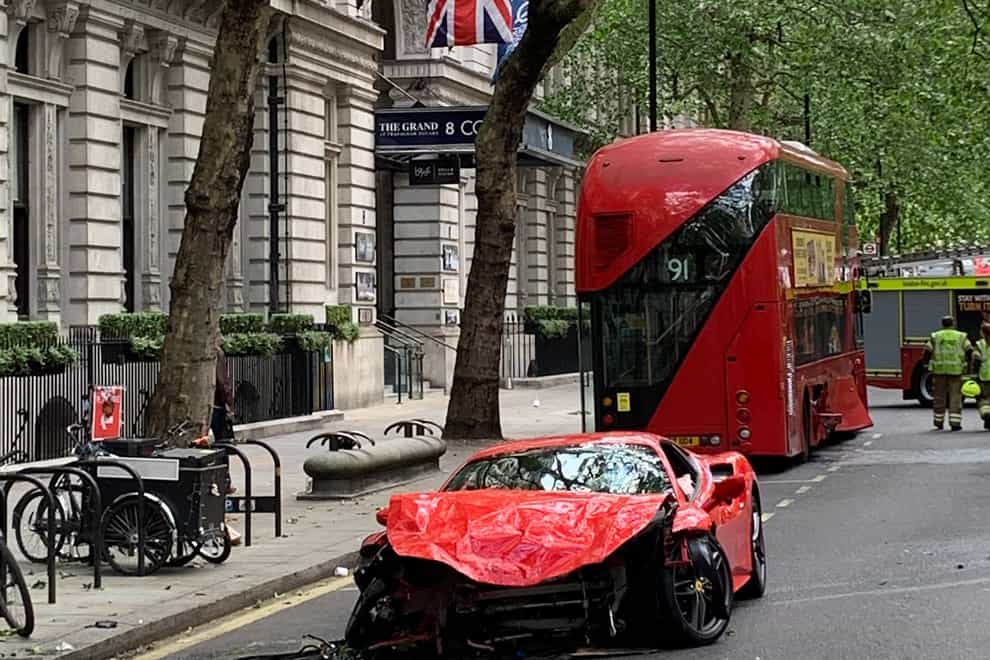 A crumpled Ferrari in Westminster on Sunday