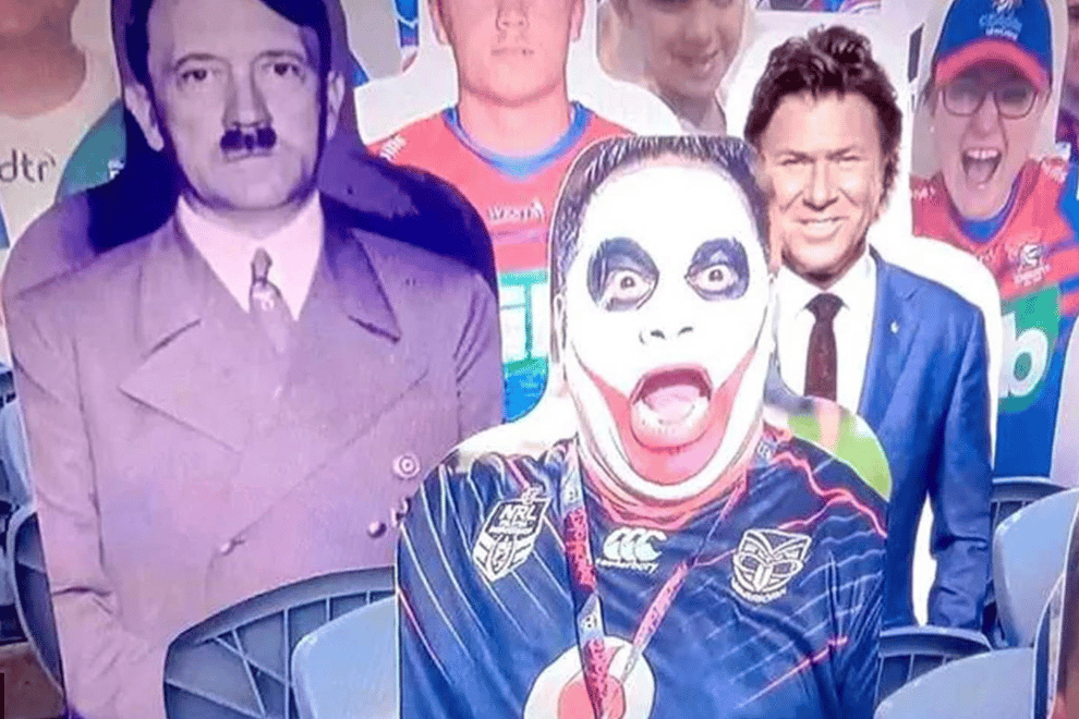 An image of Adolf Hitler featured as a cardboard cutout in a rugby league show 