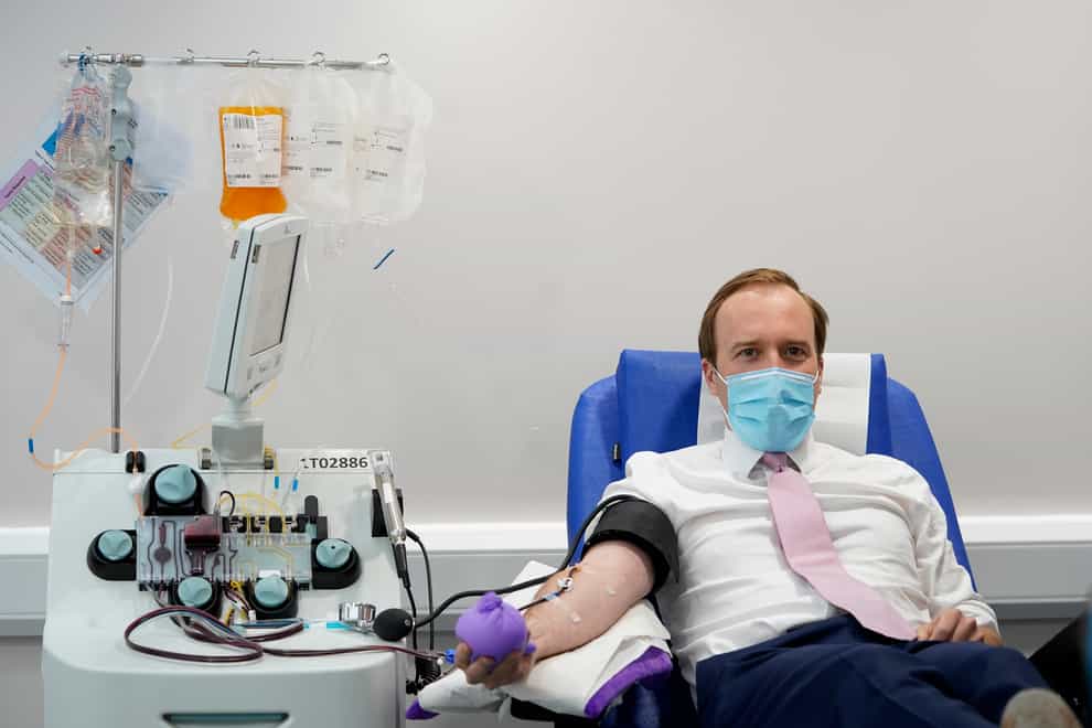 Health Secretary Matt Hancock donating Covid-19 antibodies in central London