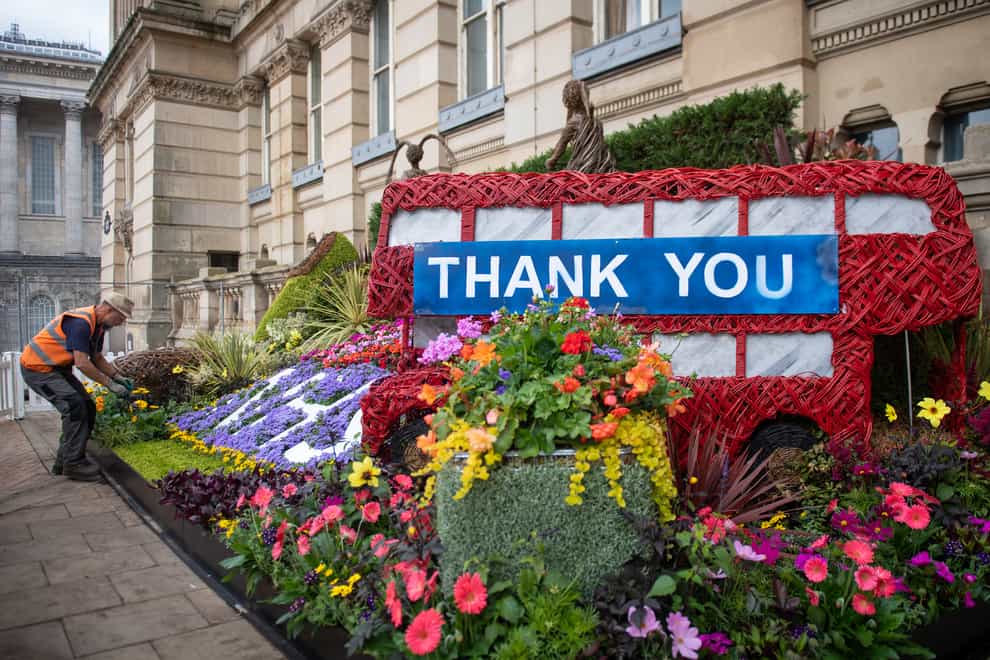 A floral display thanking the NHS and key workers outside Birmingham City Council House