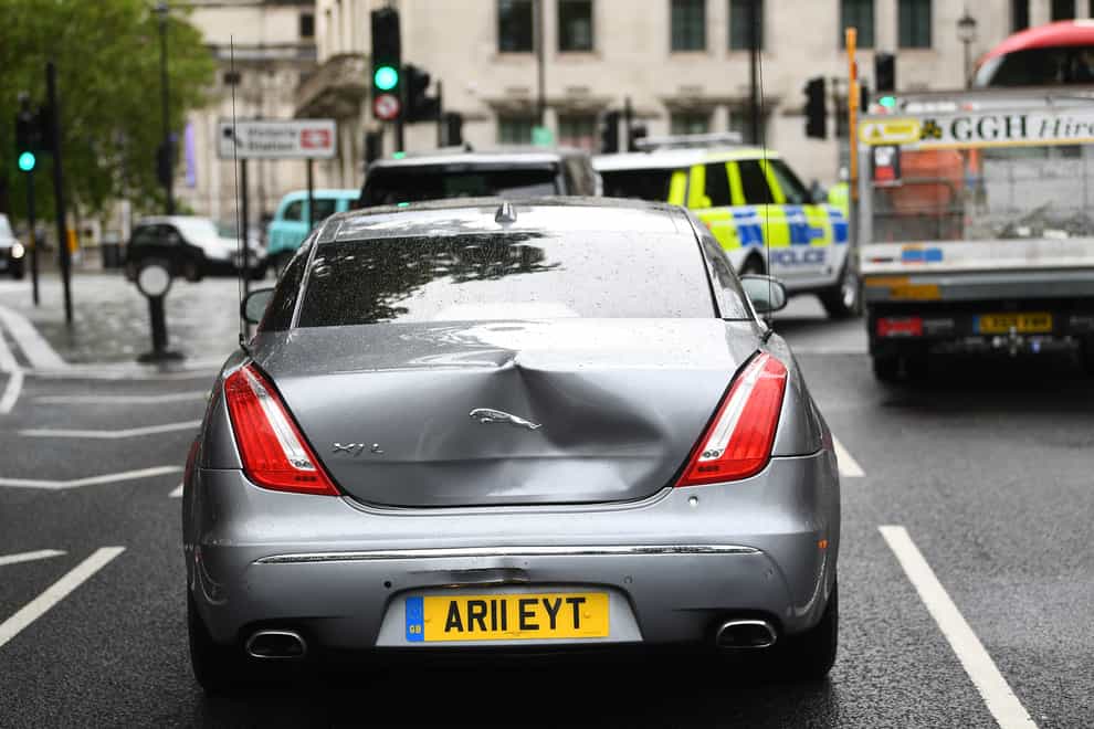 Damage to Prime Minister Boris Johnson’s car after a man ran in front of it as he left the Houses of Parliament, Westminster