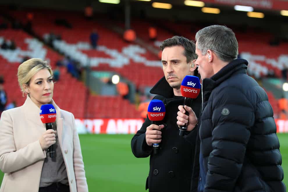 Sky Sports presenters Kelly Cates, Gary Neville and Jamie Carragher present a game before lockdown