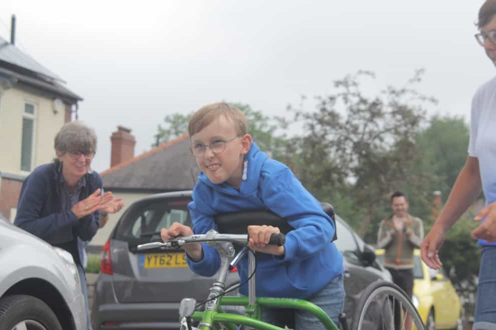 Tobias Weller, nine, beginning his new challenge outside his home in Sheffield