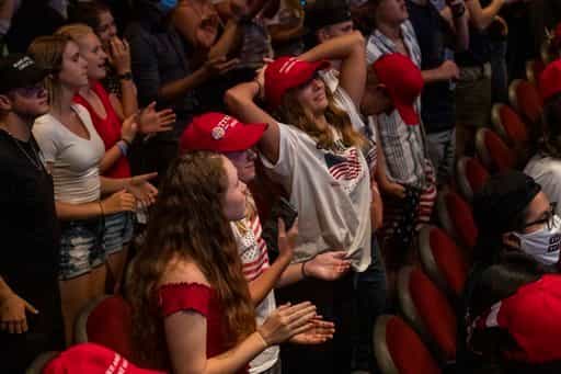 The crowd reacts as President Donald Trump speaks at the Dream City Church 'Students for Trump' rally in Phoenix