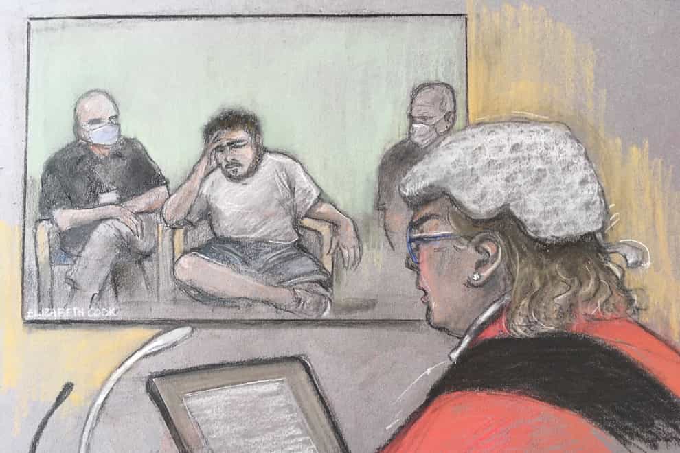 Court artist sketch by Elizabeth Cook of Jonty Bravery, 18, being sentenced by Mrs Justice McGowan at the Old Bailey via video link