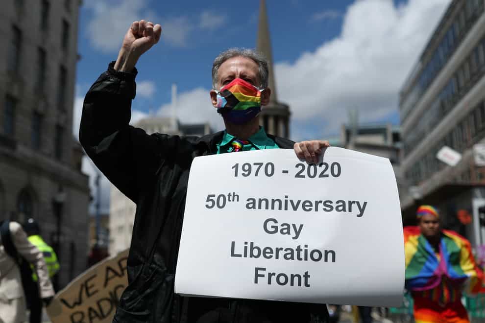 Peter Tatchell leads a march through London to mark the London Gay Liberation Front’s 50th anniversary