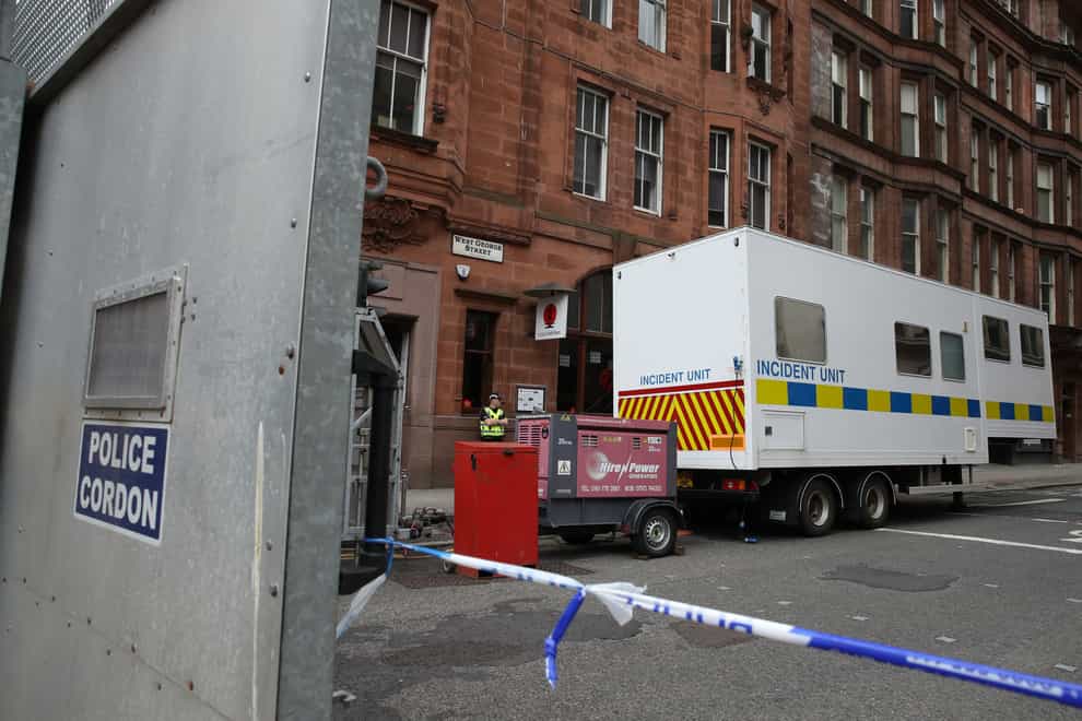 Police cordon, at the scene in West George Street, Glasgow, where a man was shot by an armed officers
