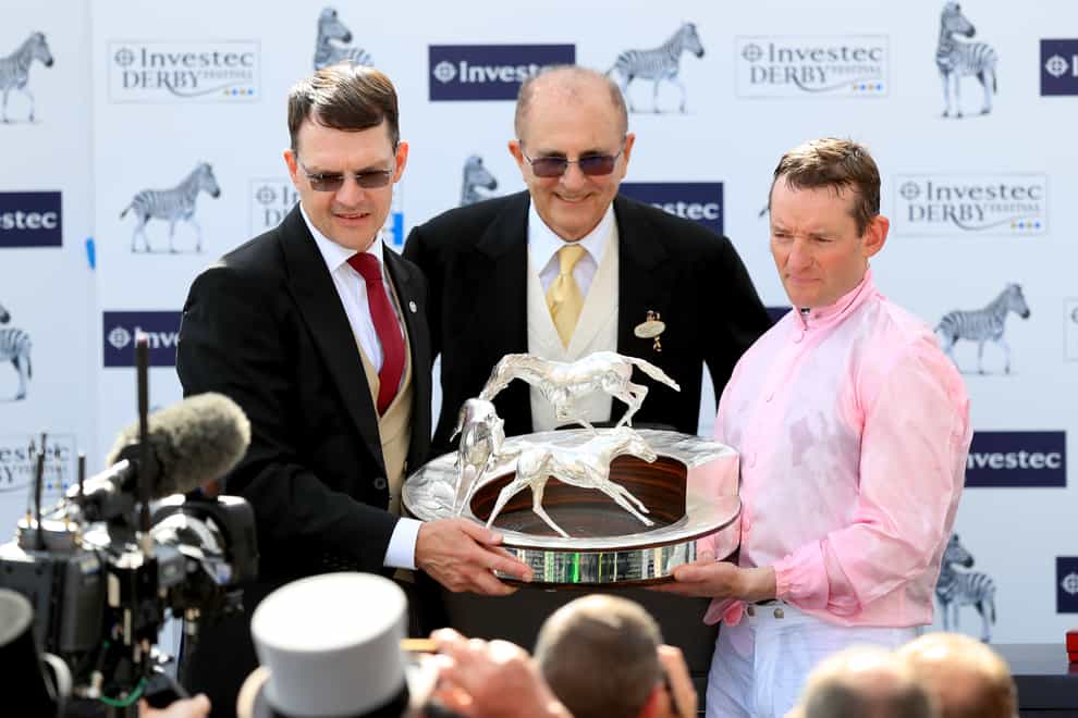Aidan O'Brien (left) with Michael Tabor and Seamie Heffernan (right) after Anthony Van Dyck's Derby win