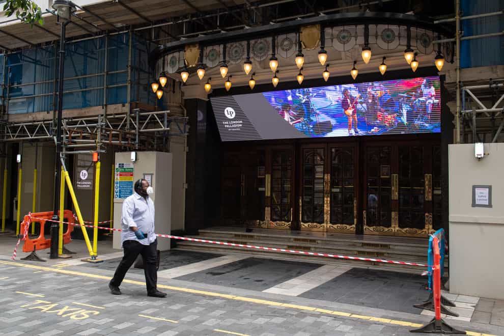 Man walks past closed London Palladium theatre