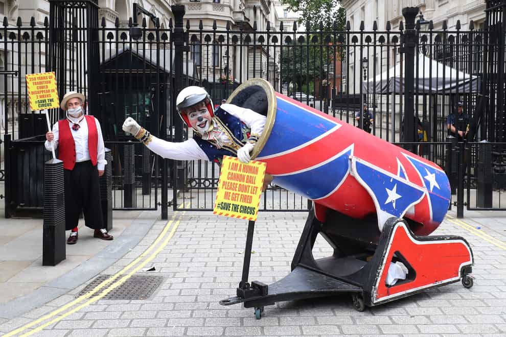 Circus performers from the Association of Circus Proprietors deliver a petition to 10 Downing Street