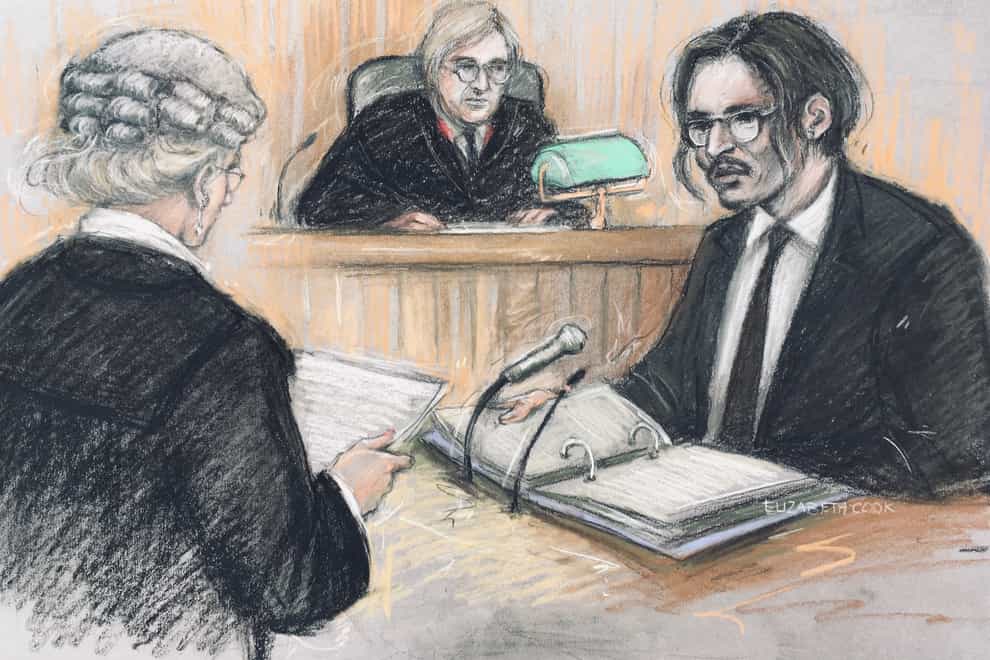 Court sketch of actor Johnny Depp being cross-examined by Sasha Wass QC (Elizabeth Cook/PA)