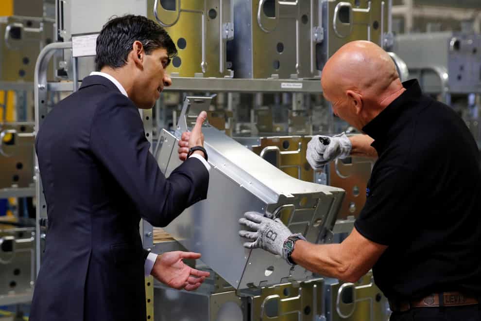 Chancellor Rishi Sunak speaks to employees during a visit to a Worcester Bosch factory