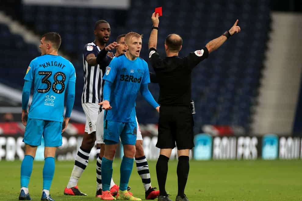 Louie Sibley was sent off in Derby's 2-0 loss at West Brom (Mike Egerton/PA).