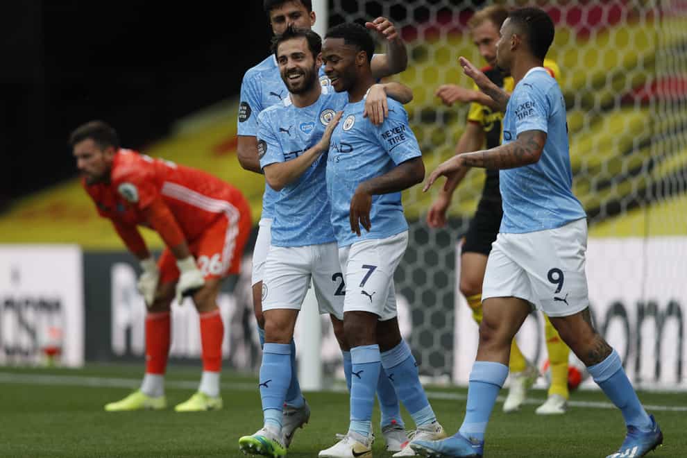 Raheem Sterling, centre, struck a brace in Manchester City's 4-0 win at Watford