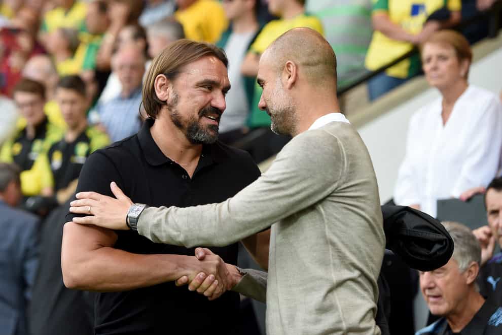 Daniel Farke, left, is looking to help Norwich complete a rare double over Pep Guardiola's Manchester City