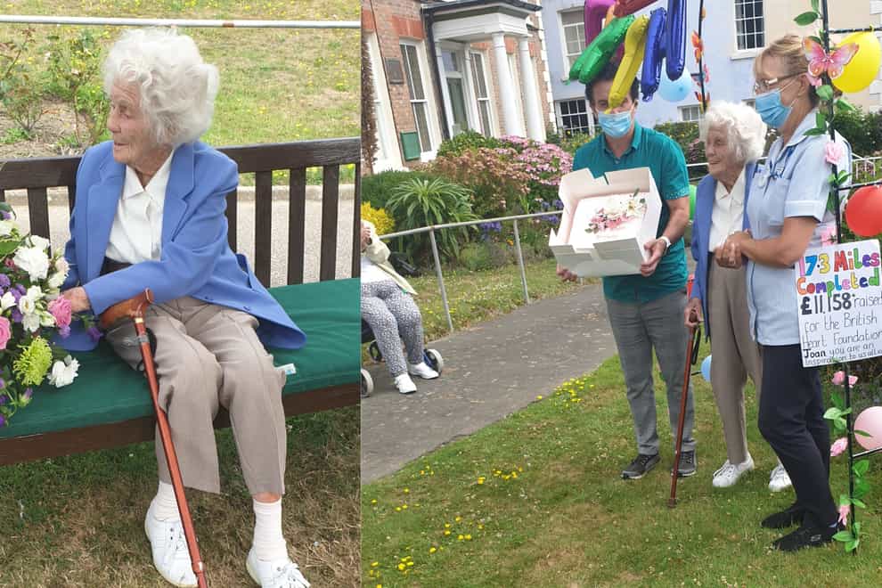 Joan Willet, 104, having completed her 17-mile hill walk challenge in July