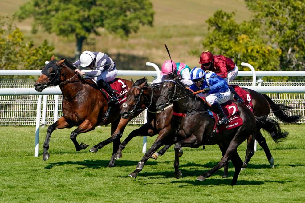 Kameko (far right, in red silks) did not get a clear run in the Qatar Sussex Stakes