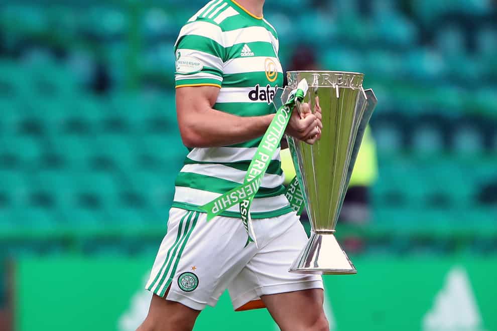 Scott Brown with the Scottish Premiership trophy ahead of Celtic's opener