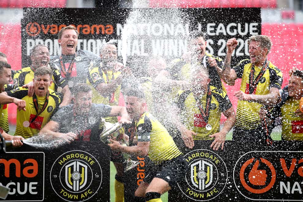 Harrogate celebrate their National League play-off final victory at Wembley