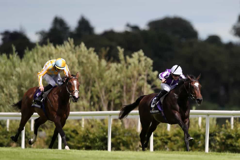Shale, ridden by Gavin Ryan (right), on her way victory in the Frank Conroy Silver Flash Stakes at Leopardstown