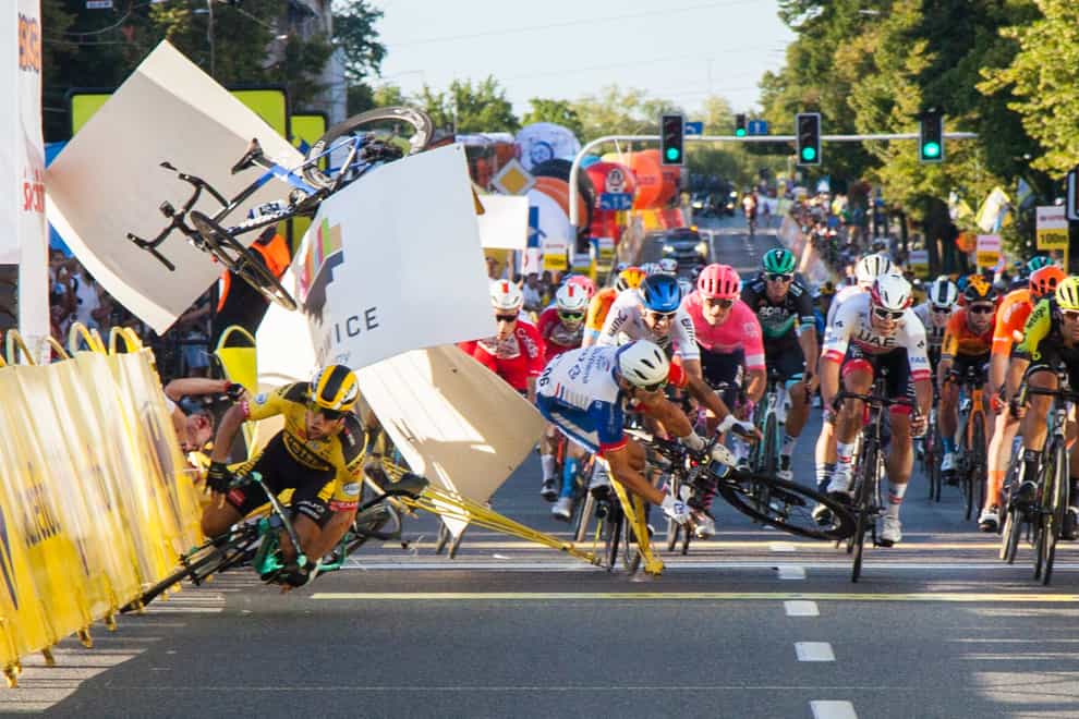 The crash happened just metres from the finish line in Poland