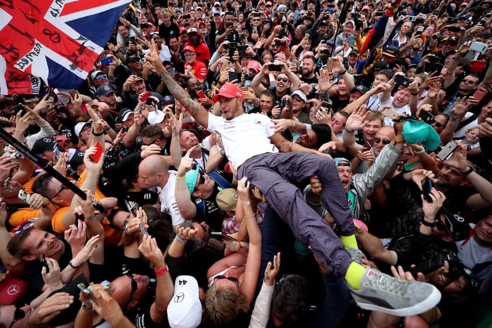 Lewis Hamilton celebrates his 2019 victory with the Silverstone crowd
