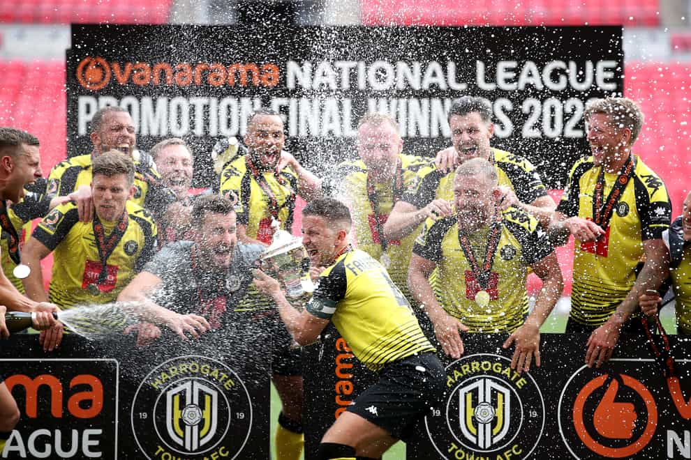 Harrogate celebrate their National League play-off final victory over Notts County at Wembley