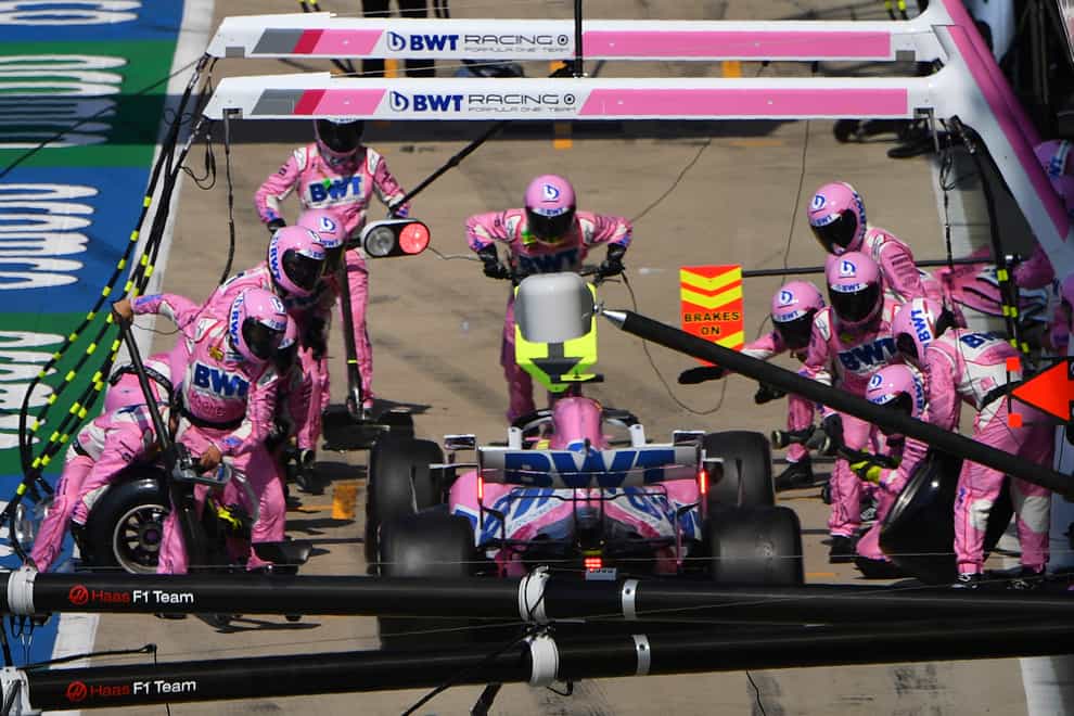Racing Point driver Lance Stroll makes a pit stop at Silverstone
