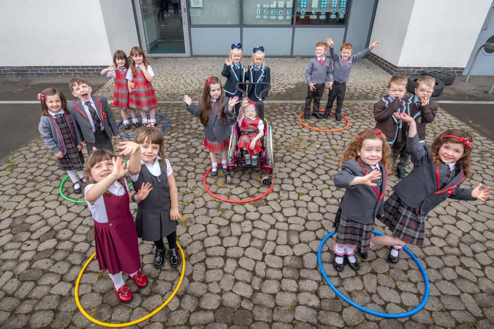 Eight sets of twins pose at Newark Primary in Port Glasgow ahead of their first day at school