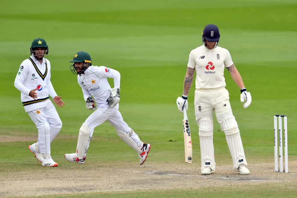 Pakistan’s Mohammad Rizwan celebrates dismissing England’s Ben Stokes